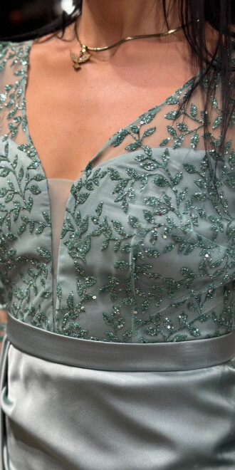 Mint Long Sleeve Slit Straight Cut Satin Long Evening Dress 7244 - 4