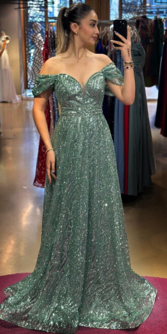 Mint Low Sleeve Beaded Flared Skirt Glitter Long Evening Dress 7547 