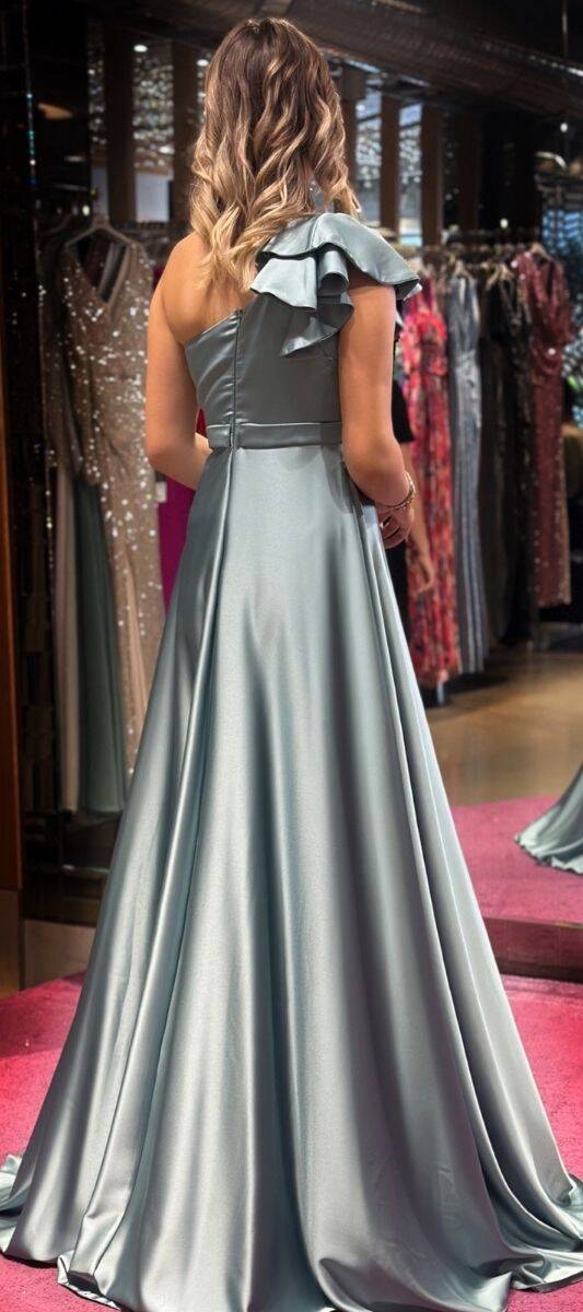 Mint One Shoulder Flared Skirt Satin Long Evening Dress 7501 - 5