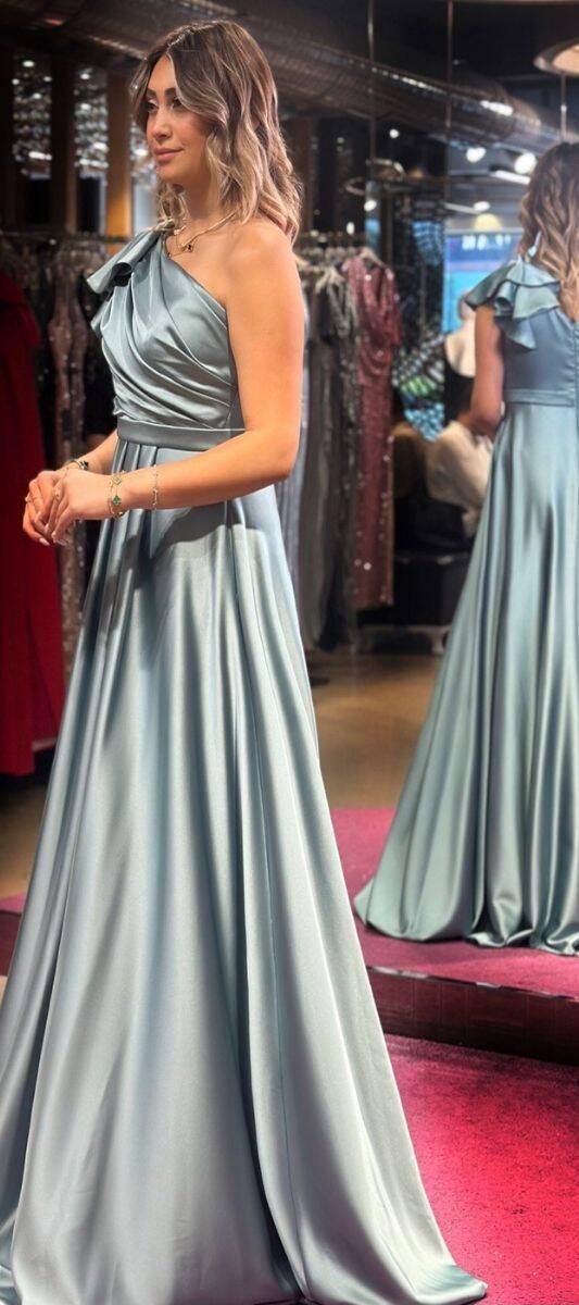 Mint One Shoulder Flared Skirt Satin Long Evening Dress 7501 - 3