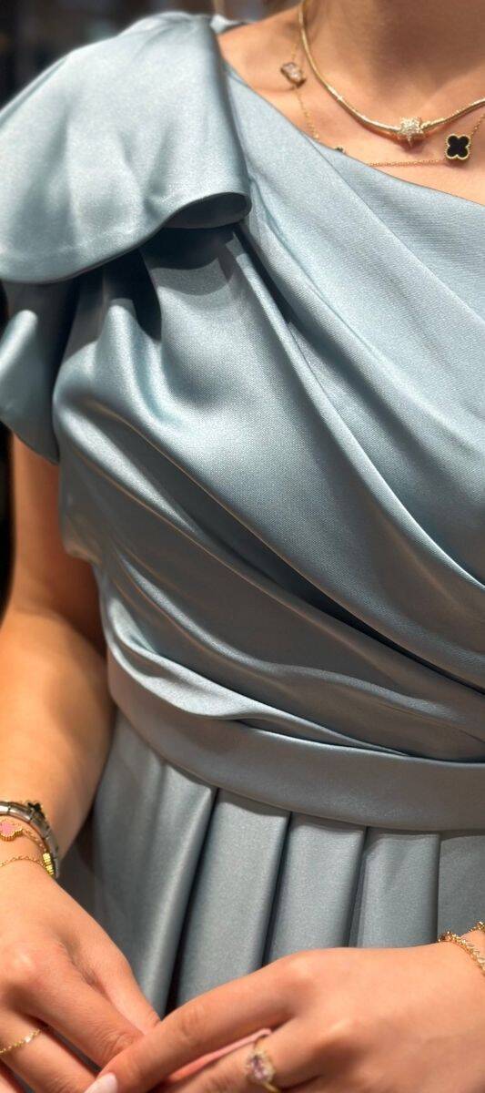Mint One Shoulder Flared Skirt Satin Long Evening Dress 7501 - 4