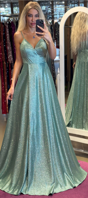 Mint Spaghetti Strap Low-Cut Back Wrap Slit Flared Skirt Glitter Long Evening Dress 6885 
