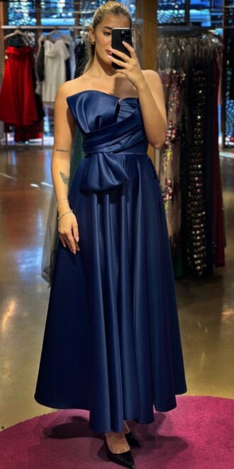 Navy Blue Flared Skirt Satin Midi Evening Dress 7657 
