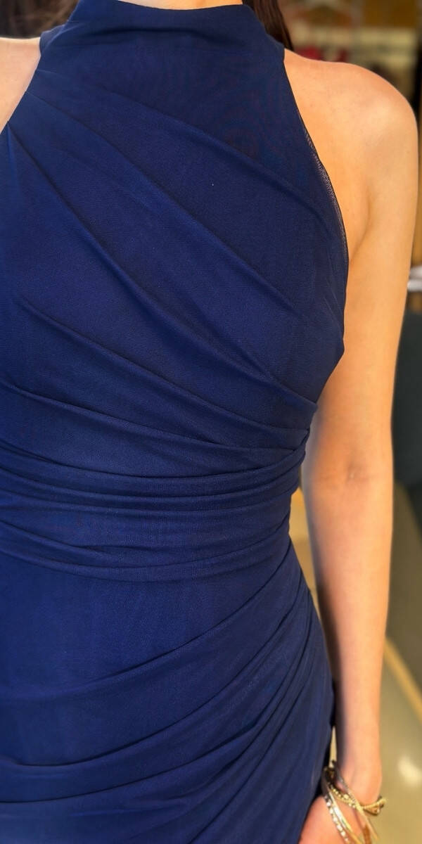 Navy Blue Halter Neck Slit Straight Cut Tulle Long Evening Dress 11084 - 4