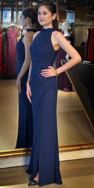 Navy Blue Halter Neck Slit Straight Cut Tulle Long Evening Dress 11084 - 2