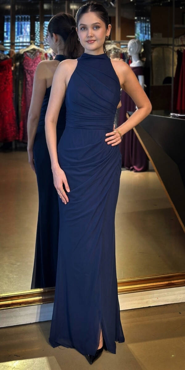 Navy Blue Halter Neck Slit Straight Cut Tulle Long Evening Dress 11084 - 1