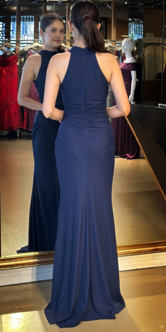 Navy Blue Halter Neck Slit Straight Cut Tulle Long Evening Dress 11084 - 5