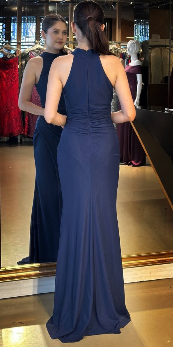 Navy Blue Halter Neck Slit Straight Cut Tulle Long Evening Dress 11084 - 5