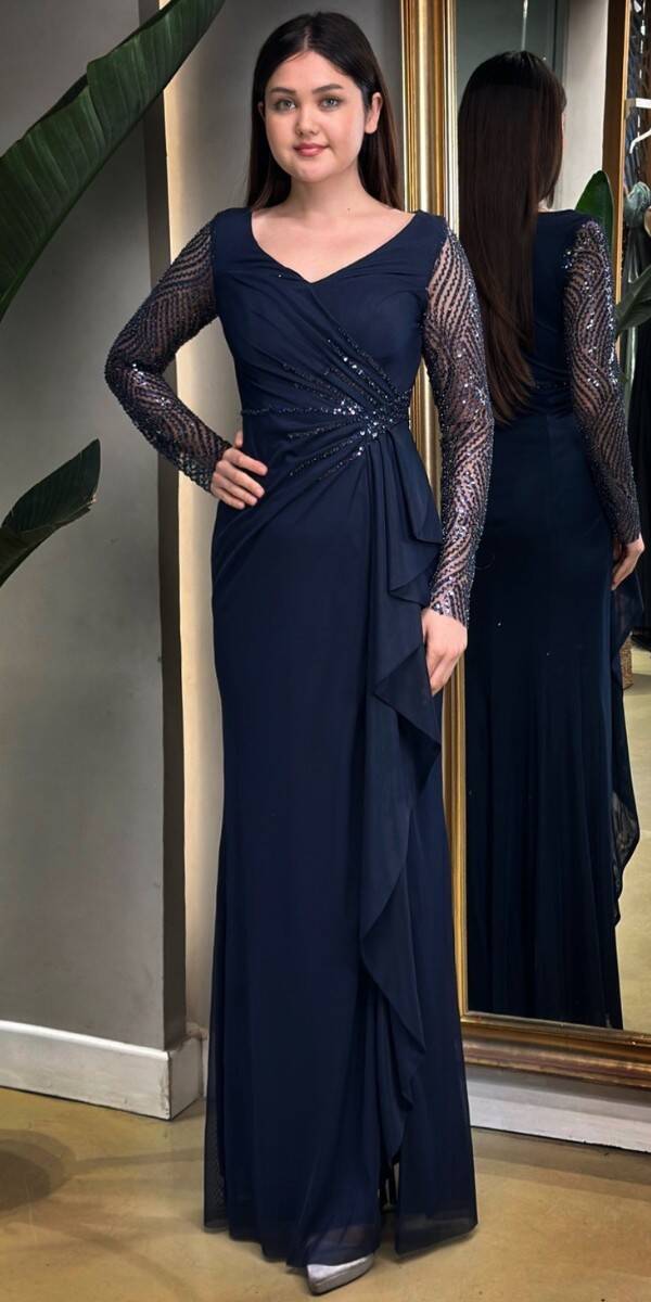 Navy Blue Long Sleeve Beaded Slit Straight Cut Lycra Long Evening Dress 7674 - 1