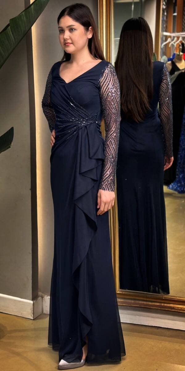 Navy Blue Long Sleeve Beaded Slit Straight Cut Lycra Long Evening Dress 7674 - 3
