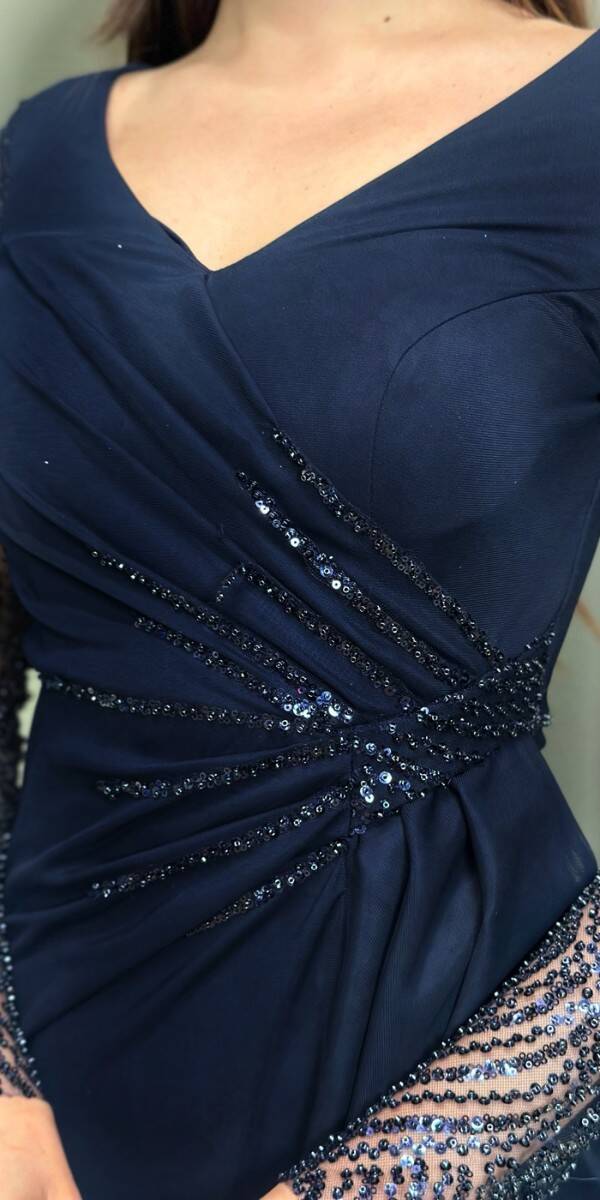 Navy Blue Long Sleeve Beaded Slit Straight Cut Lycra Long Evening Dress 7674 - 4