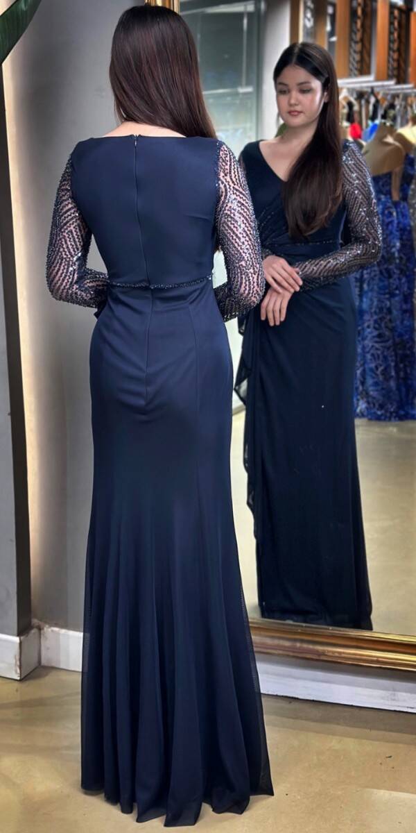 Navy Blue Long Sleeve Beaded Slit Straight Cut Lycra Long Evening Dress 7674 - 5