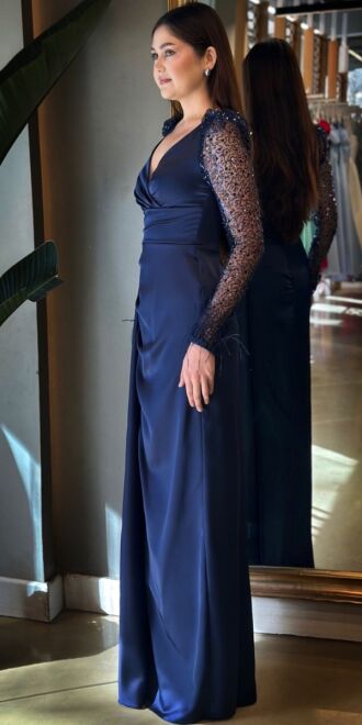 Navy Blue Long Sleeve Feather Detailed Slit Straight Cut Satin Long Evening Dress 7442 - 3