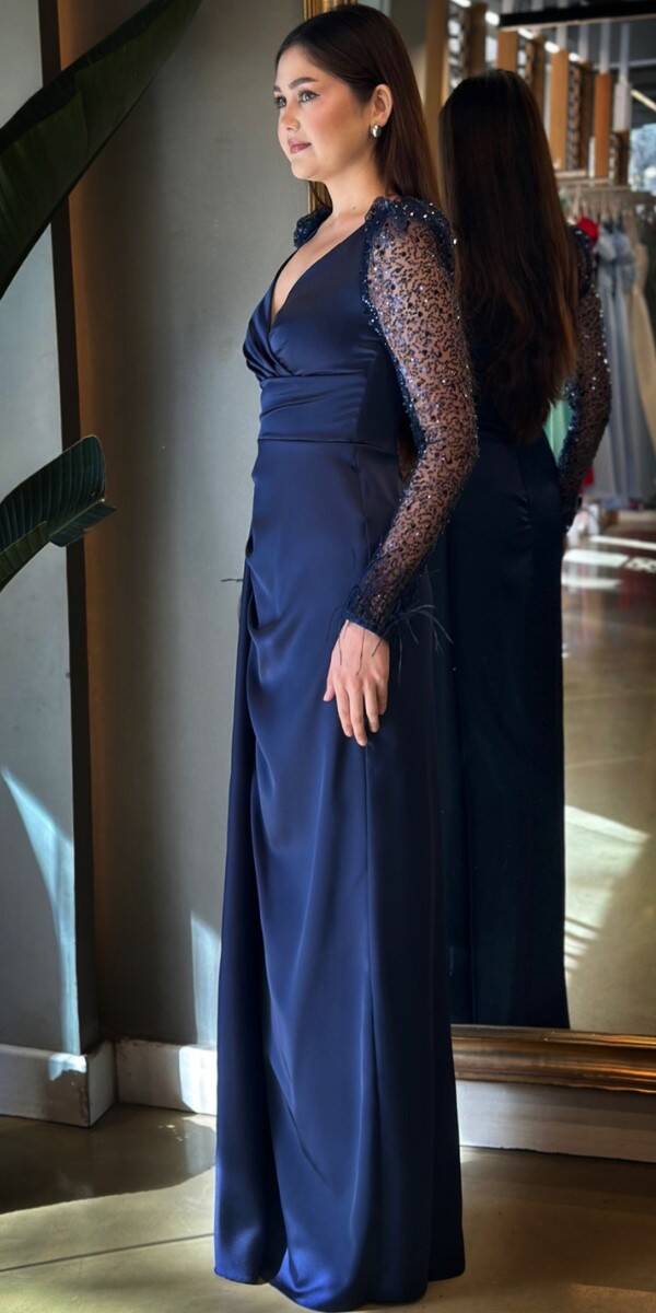 Navy Blue Long Sleeve Feather Detailed Slit Straight Cut Satin Long Evening Dress 7442 - 3