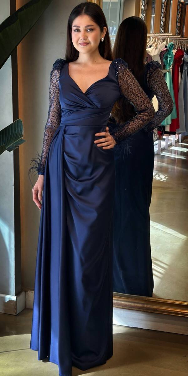 Navy Blue Long Sleeve Feather Detailed Slit Straight Cut Satin Long Evening Dress 7442 - 1