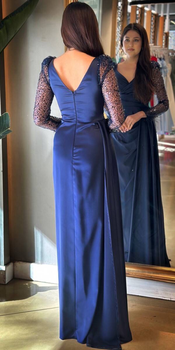 Navy Blue Long Sleeve Feather Detailed Slit Straight Cut Satin Long Evening Dress 7442 - 5