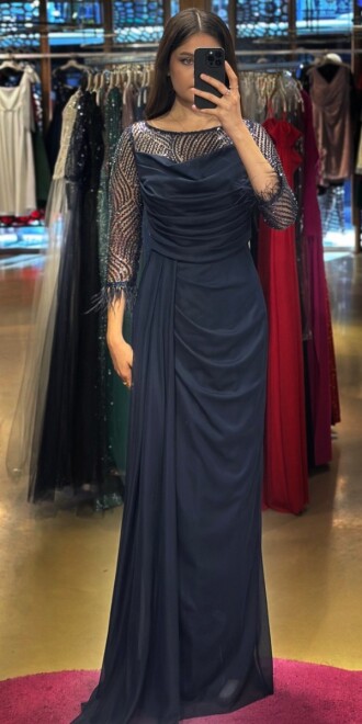 Navy Blue Long Sleeve Feather Detailed Slit Straight Cut Tulle Long Evening Dress 7669 