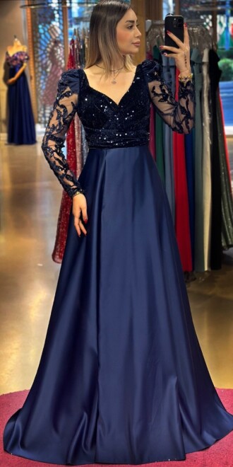 Navy Blue Long Sleeve Flared Skirt Satin Long Evening Dress 7559 