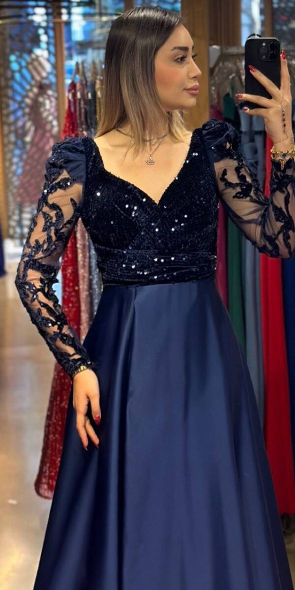 Navy Blue Long Sleeve Flared Skirt Satin Long Evening Dress 7559 - 2