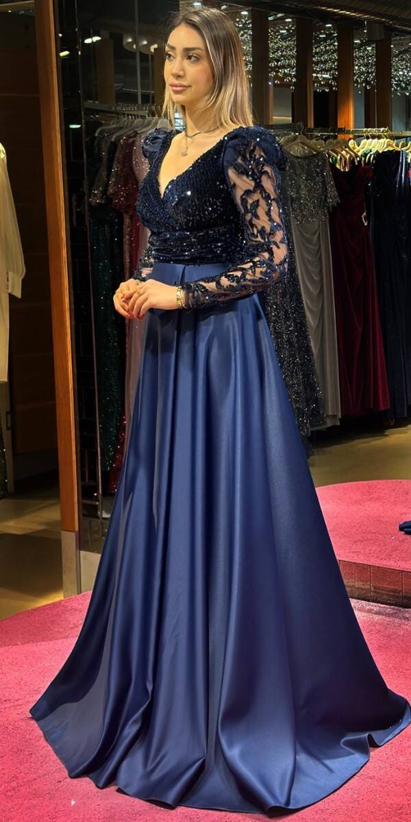 Navy Blue Long Sleeve Flared Skirt Satin Long Evening Dress 7559 - 3