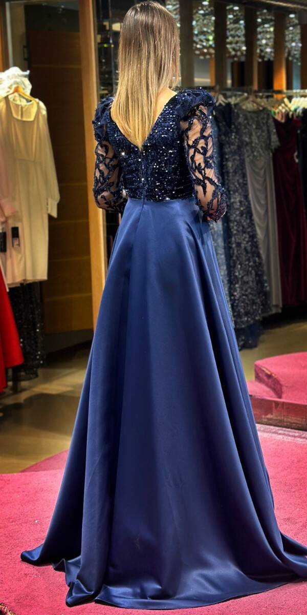 Navy Blue Long Sleeve Flared Skirt Satin Long Evening Dress 7559 - 5