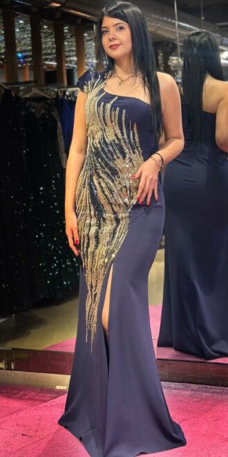 Navy Blue One Shoulder Slit Straight Cut Crepe Long Evening Dress 7632 - 3