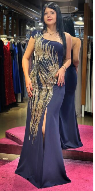 Navy Blue One Shoulder Slit Straight Cut Crepe Long Evening Dress 7632 - 1