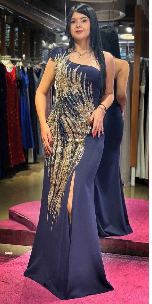 Navy Blue One Shoulder Slit Straight Cut Crepe Long Evening Dress 7632 - 1
