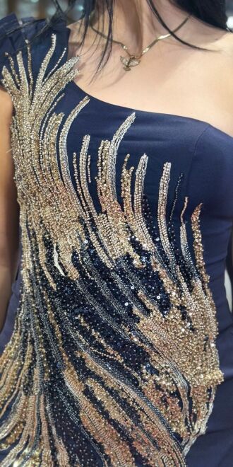 Navy Blue One Shoulder Slit Straight Cut Crepe Long Evening Dress 7632 - 4