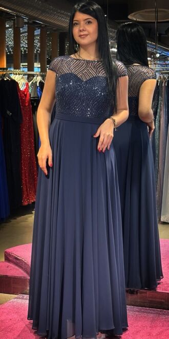 Navy Blue Short Sleeve Flared Skirt Chiffon Long Evening Dress 7479 - 1