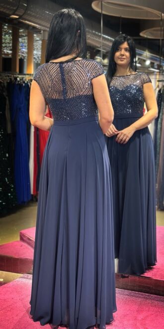 Navy Blue Short Sleeve Flared Skirt Chiffon Long Evening Dress 7479 - 5