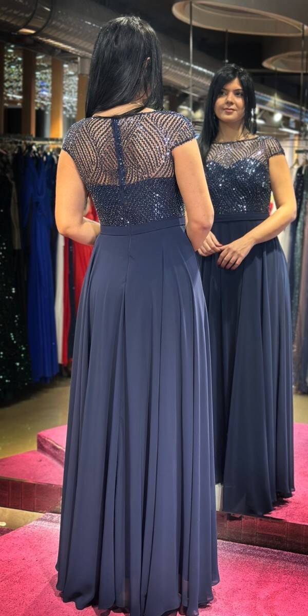 Navy Blue Short Sleeve Flared Skirt Chiffon Long Evening Dress 7479 - 5