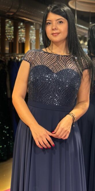 Navy Blue Short Sleeve Flared Skirt Chiffon Long Evening Dress 7479 - 2