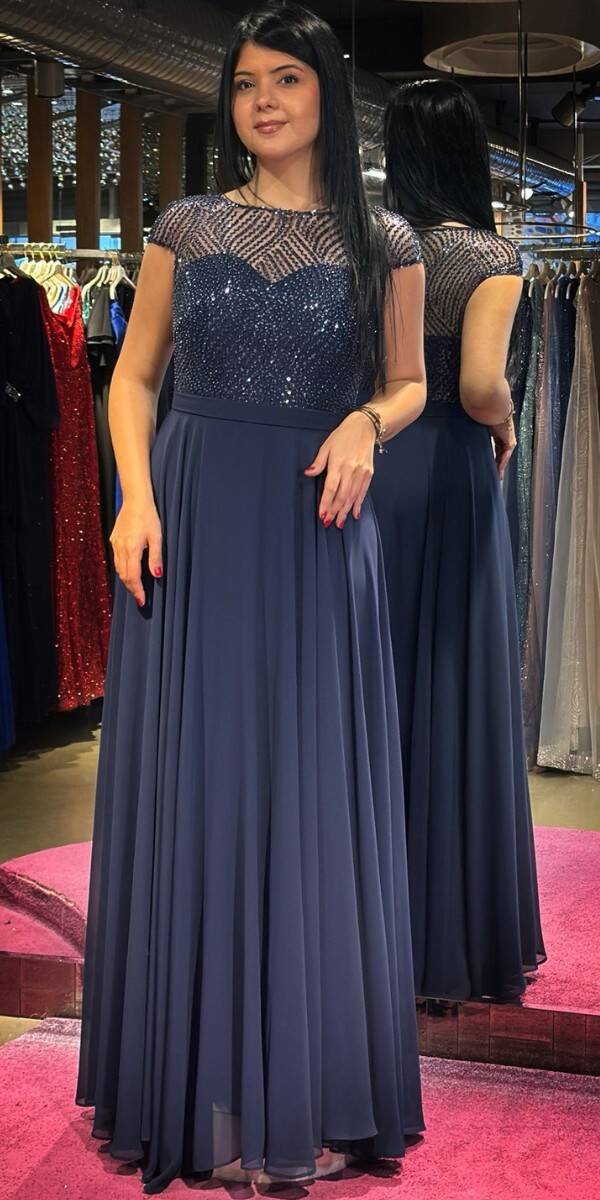 Navy Blue Short Sleeve Flared Skirt Chiffon Long Evening Dress 7479 - 3