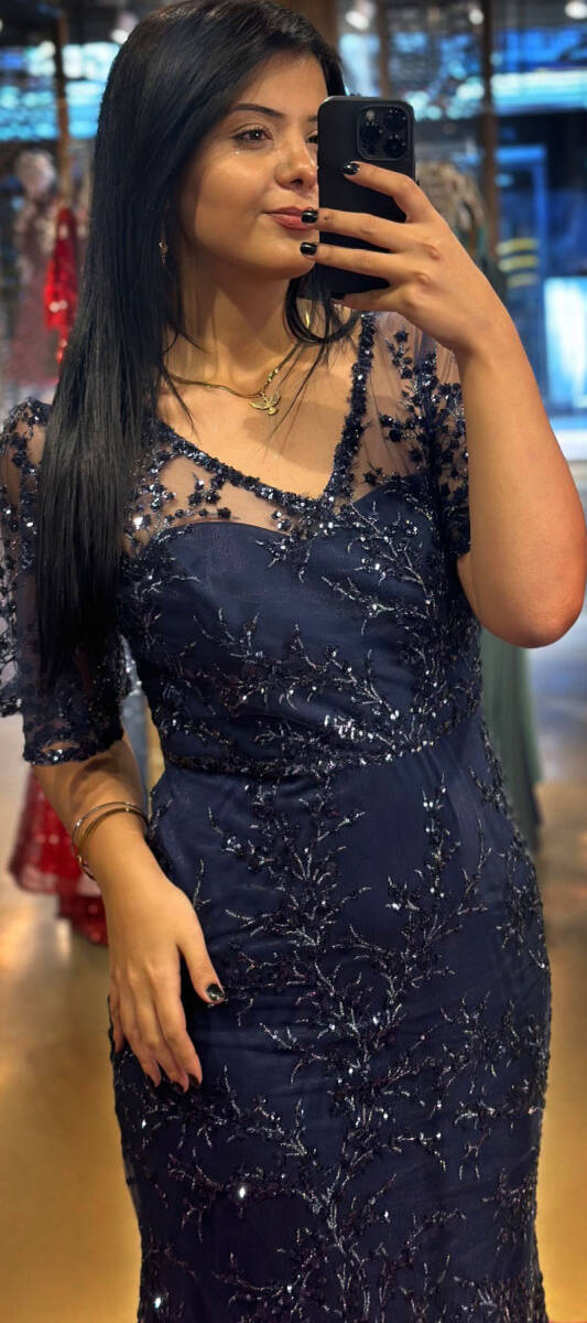 Navy Blue Short Sleeve Straight Cut Glitter Long Evening Dress 6779 - 2