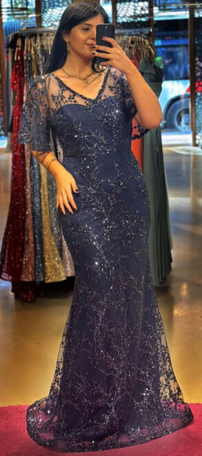 Navy Blue Short Sleeve Straight Cut Glitter Long Evening Dress 6779 