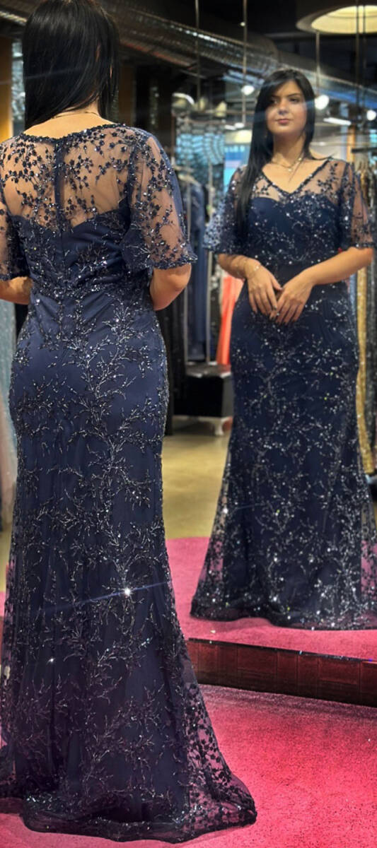 Navy Blue Short Sleeve Straight Cut Glitter Long Evening Dress 6779 - 5
