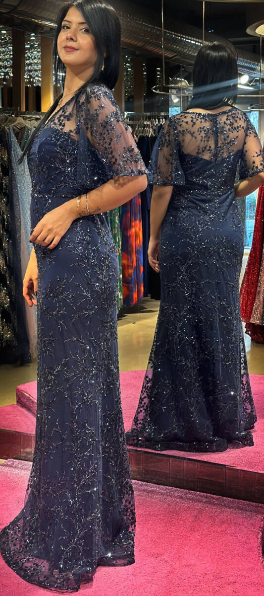 Navy Blue Short Sleeve Straight Cut Glitter Long Evening Dress 6779 - 3