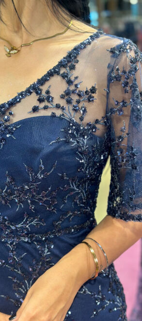 Navy Blue Short Sleeve Straight Cut Glitter Long Evening Dress 6779 - 4