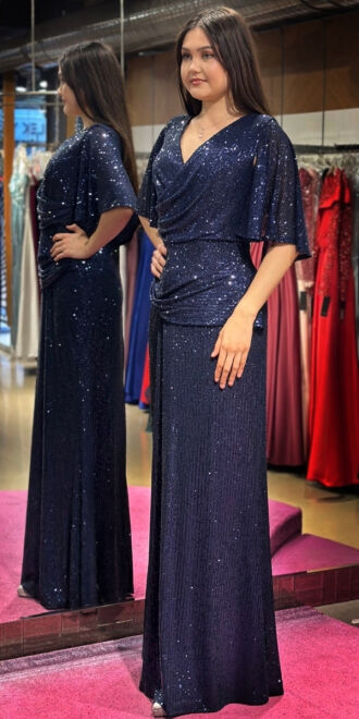 Navy Blue Short Sleeve Straight Cut Sequin Long Evening Dress 7572 - 3