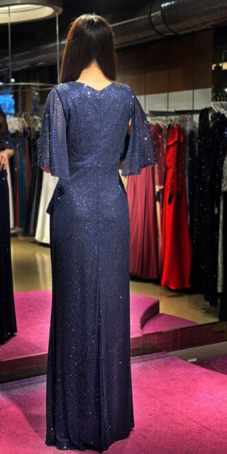 Navy Blue Short Sleeve Straight Cut Sequin Long Evening Dress 7572 - 5