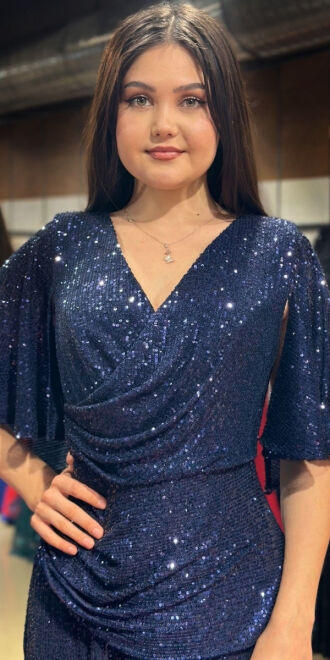 Navy Blue Short Sleeve Straight Cut Sequin Long Evening Dress 7572 - 2