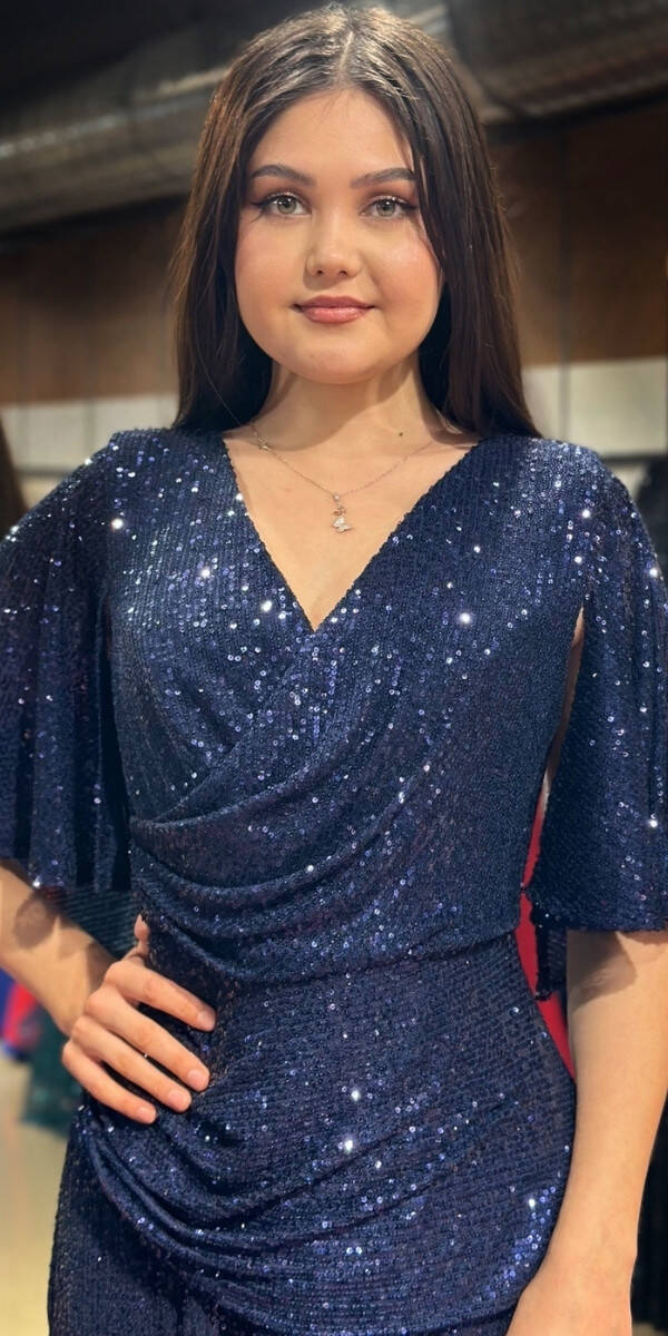 Navy Blue Short Sleeve Straight Cut Sequin Long Evening Dress 7572 - 2