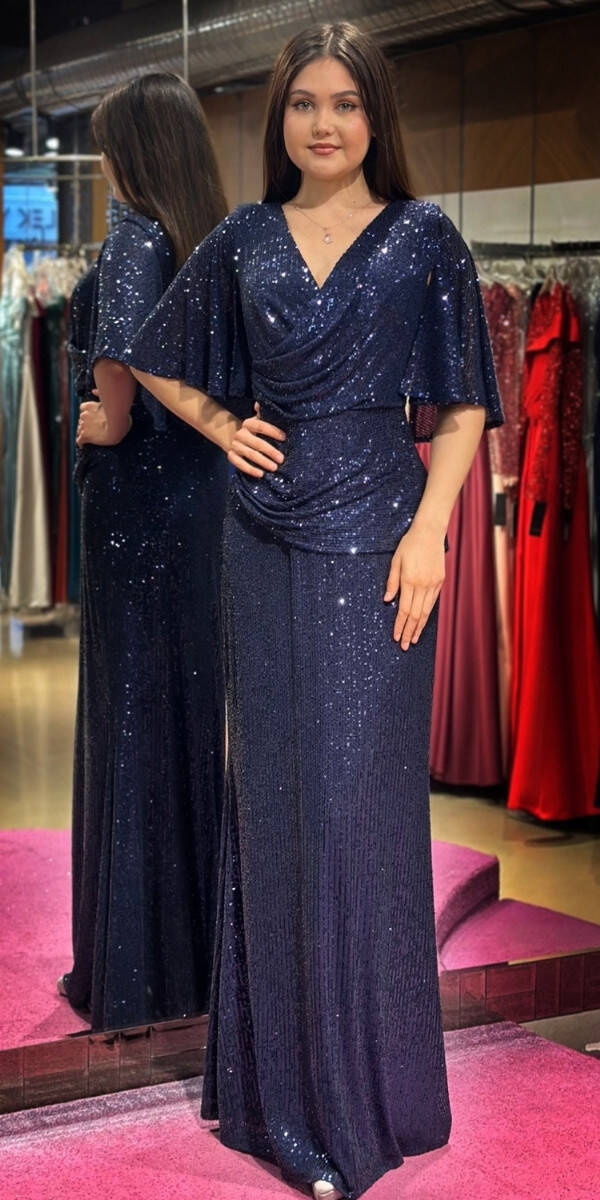Navy Blue Short Sleeve Straight Cut Sequin Long Evening Dress 7572 - 1