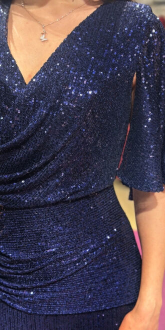 Navy Blue Short Sleeve Straight Cut Sequin Long Evening Dress 7572 - 4