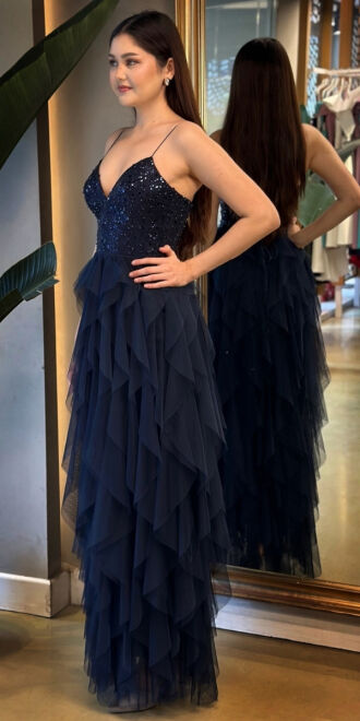Navy Blue Spaghetti Strap Low-Cut Back Flared Skirt Beaded Sequin Long Evening Dress 7588 - 3