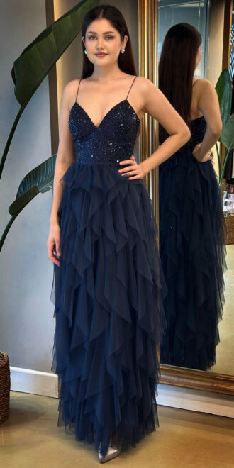 Navy Blue Spaghetti Strap Low-Cut Back Flared Skirt Beaded Sequin Long Evening Dress 7588 
