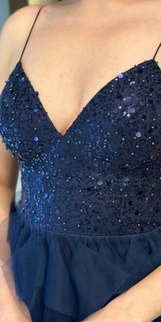 Navy Blue Spaghetti Strap Low-Cut Back Flared Skirt Beaded Sequin Long Evening Dress 7588 - 4