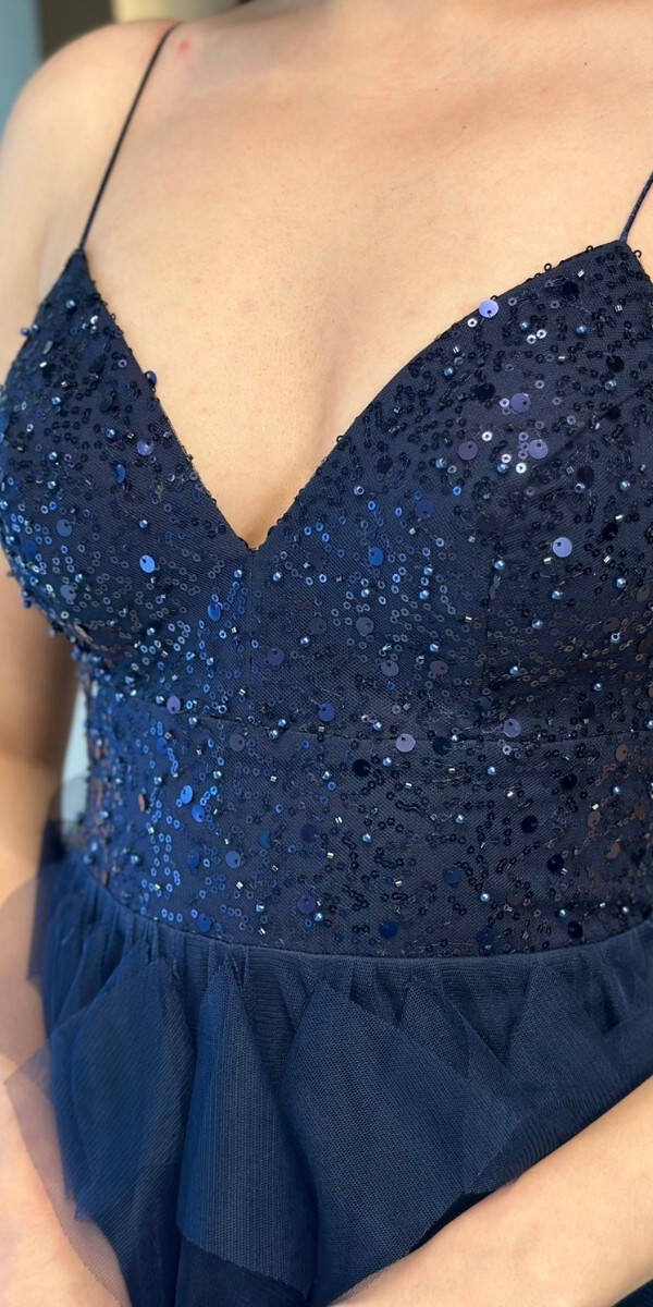 Navy Blue Spaghetti Strap Low-Cut Back Flared Skirt Beaded Sequin Long Evening Dress 7588 - 4