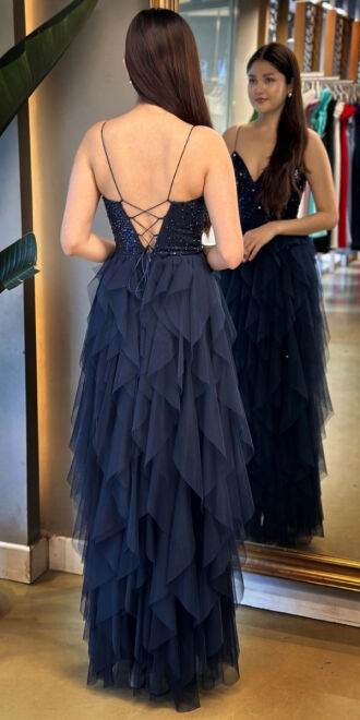 Navy Blue Spaghetti Strap Low-Cut Back Flared Skirt Beaded Sequin Long Evening Dress 7588 - 5